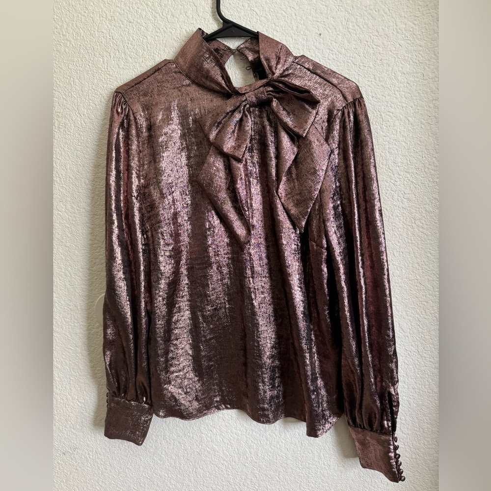 Shiny Metallic Chocolate Brown Rose Gold Longsleeve Top Blouse w/ Bow Accent - Picture 9 of 9